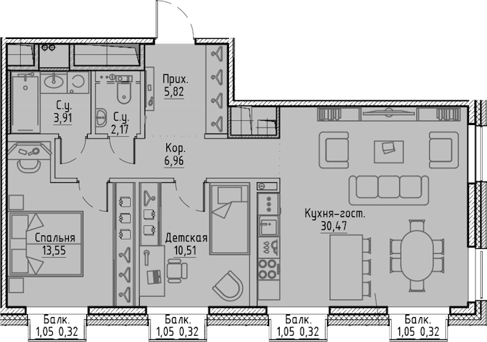 2-комнатная квартира 74.67 м², 4/7 эт., ЖК «LEGENDA Сампсониевский 32»